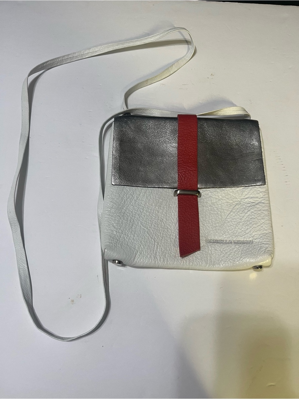 White, Silver & Red Leather Crossbody Bag - Modern Colorblock Design